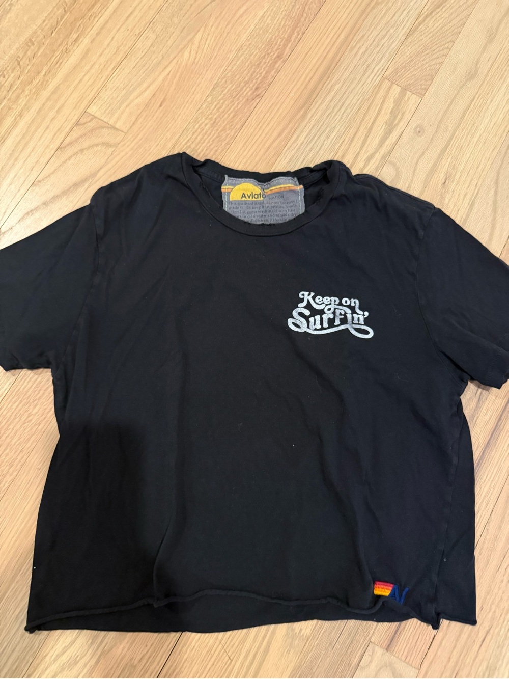 Aviator Nation Black Tee with Yellow & Orange Label Detail
